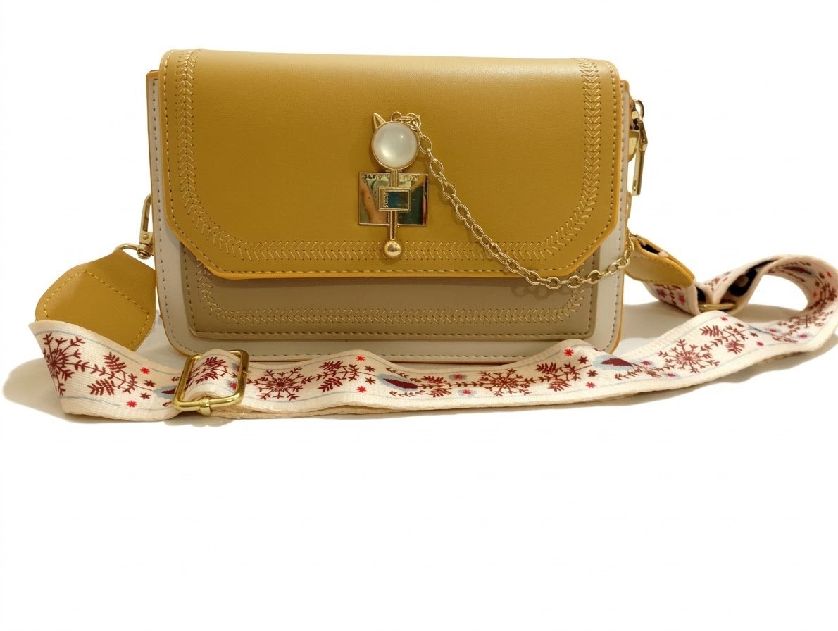 Cartera Mostaza con Correa Bordada. Marroquinería. Punto Aparte
