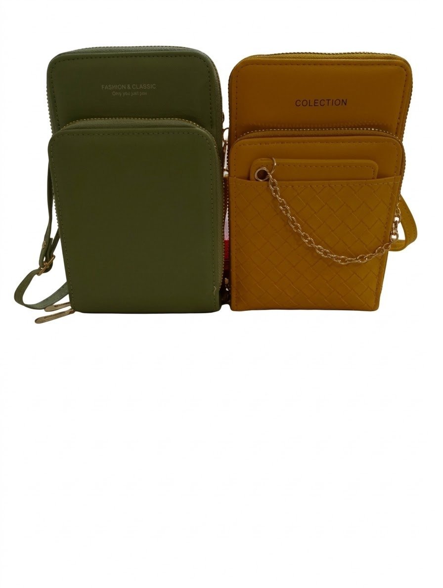 Cartera Porta Celular Verde y Mostaza. Marroquinería. Punto Aparte