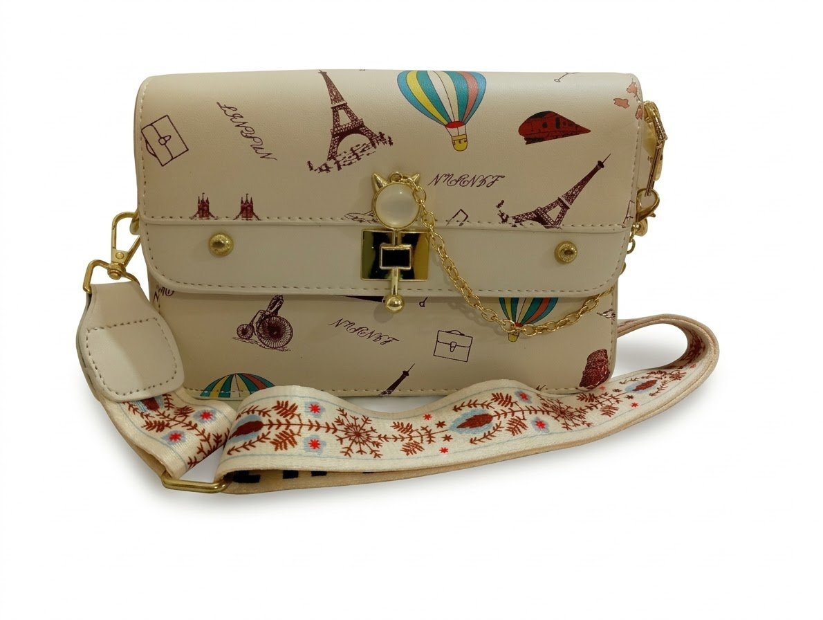 Cartera Estampa París con Correa Bordada. Marroquinería. Punto Aparte